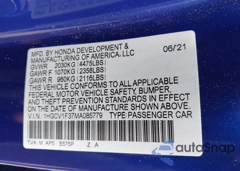 2021 Honda Accord Sport z USA, uszkodzony, nr VIN 1HGCV1F37MA085779